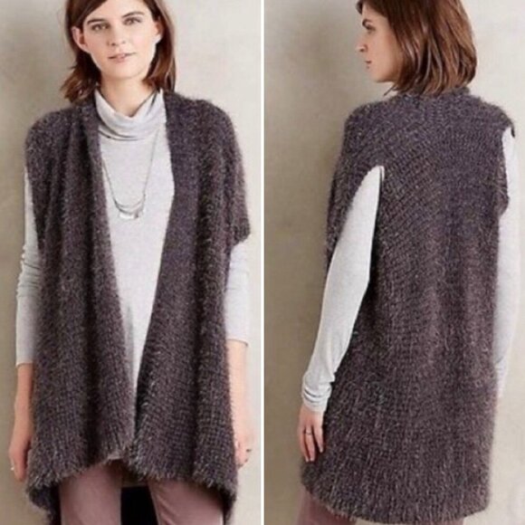 Anthropologie Elefsina Gray Fuzzy Knit Sleeveless Cardigan Open Front Sweater S - Picture 1 of 7